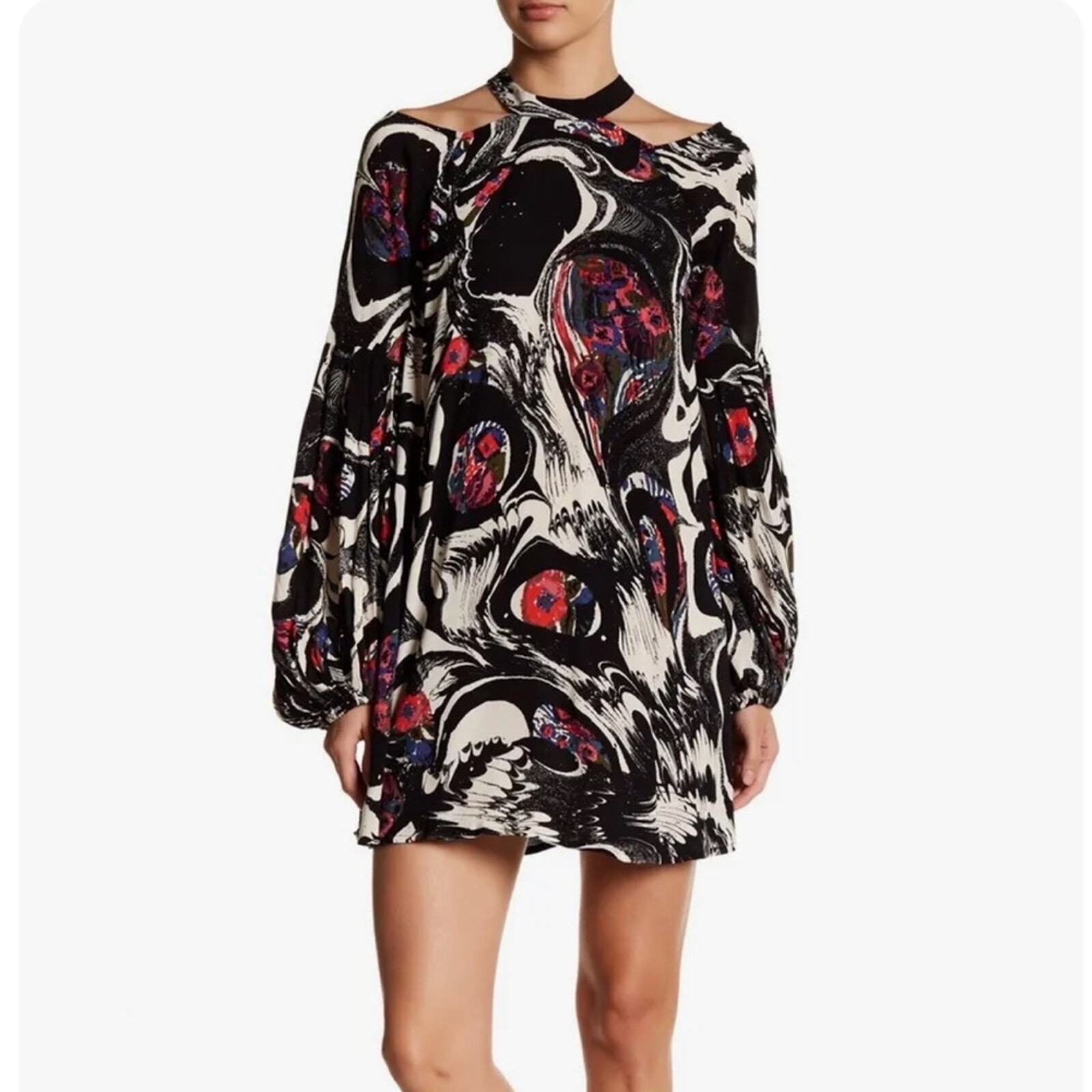 FREE PEOPLE Drift Away Cold Shoulder Marbled Tunic Top Mini Dress Black Size S