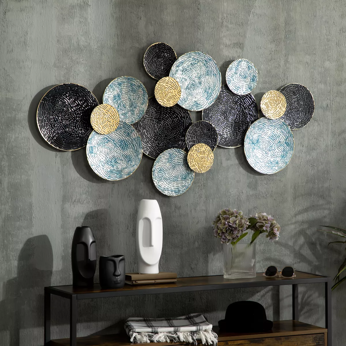 3D Metal Wall Art Modern Circle Hanging Wall Sculpture Blue Gold Home Decor