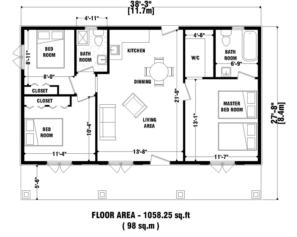 Planos de casa de campo personalizados de 3 dormitorios y 2 baños con archivos CAD y PDF gratis Foto 2 de 4