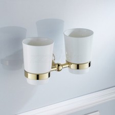 Gold Color Brass Wall Mounted Bathroom Toothbrush Holder with Two Ceramic Cups