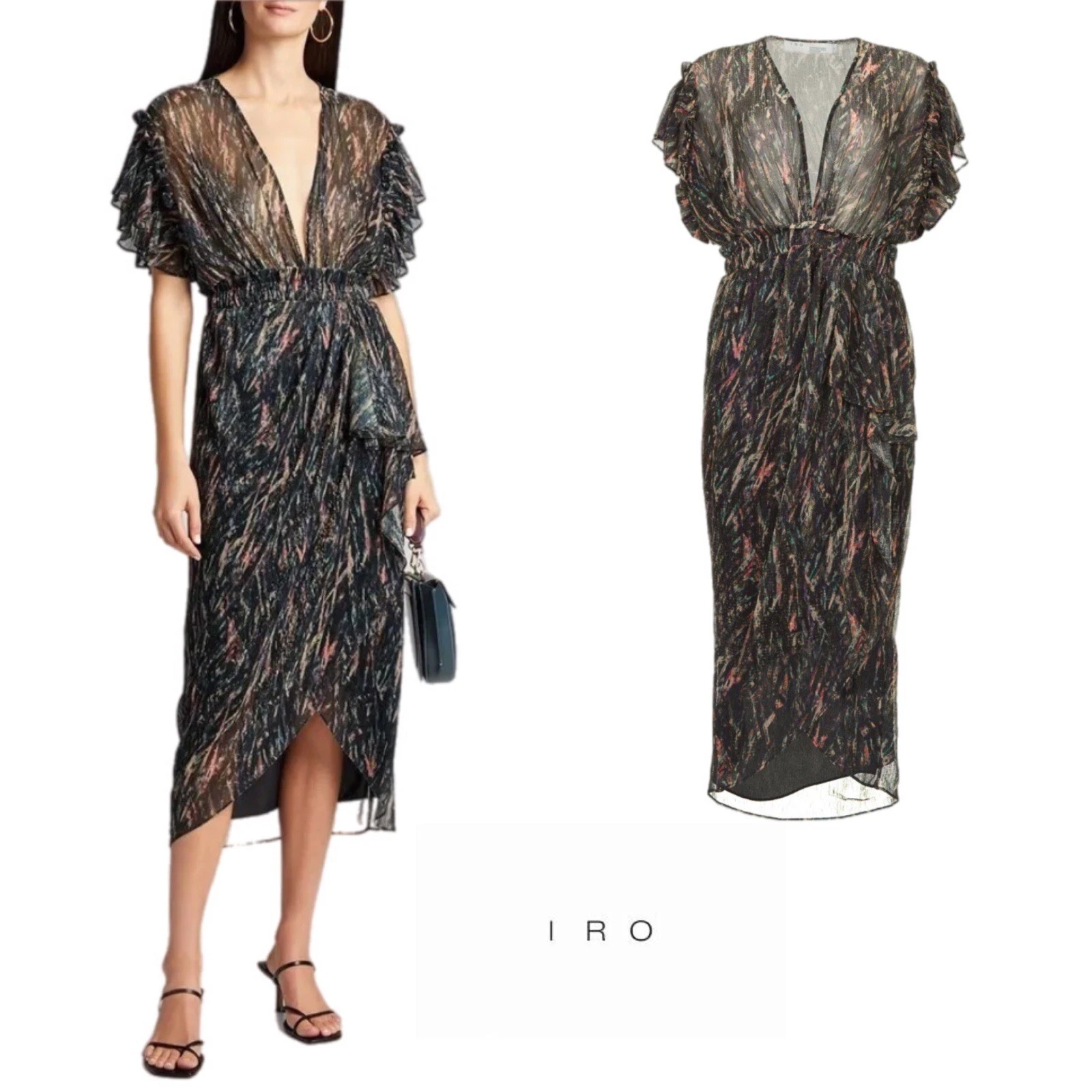 CHANEL Abito NUOVO IRO Gargas effetto avvolgente stampato lurex trasparente MIDI taglia 34 US XS