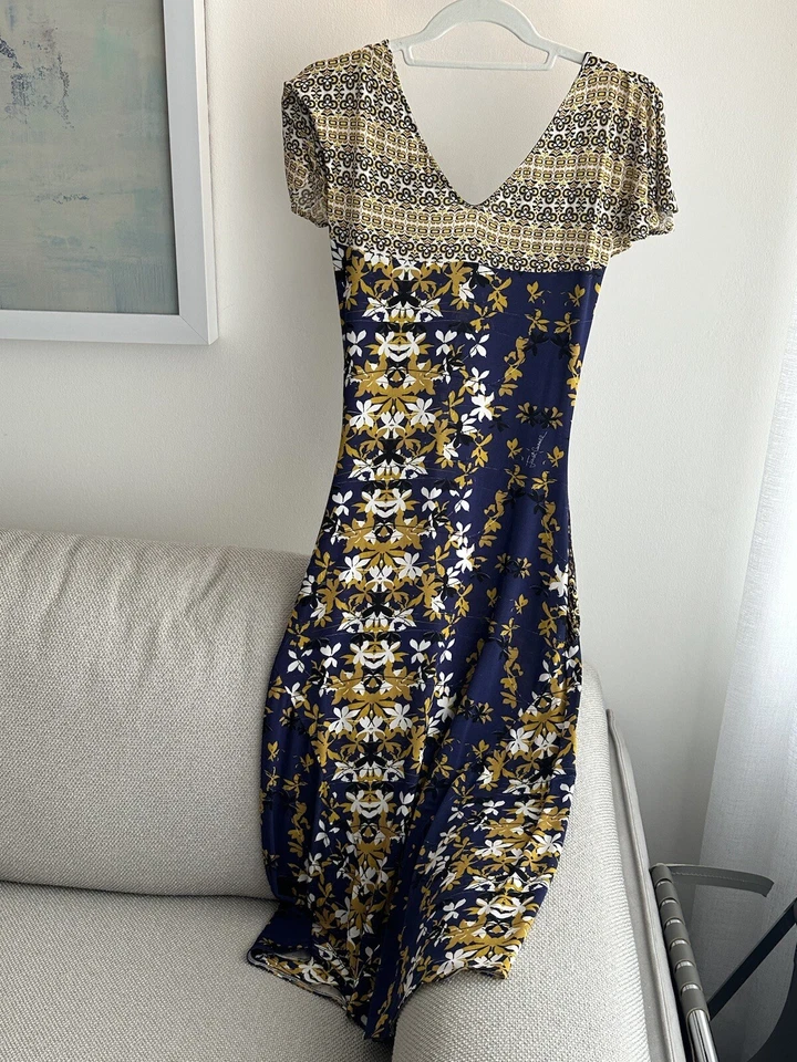 ROBERTO CAVALLI VINTAGE! Vestido Vaina Jersey Elastizado Azul/Marfil Floral Cuello en V 40 Foto 3 de 3