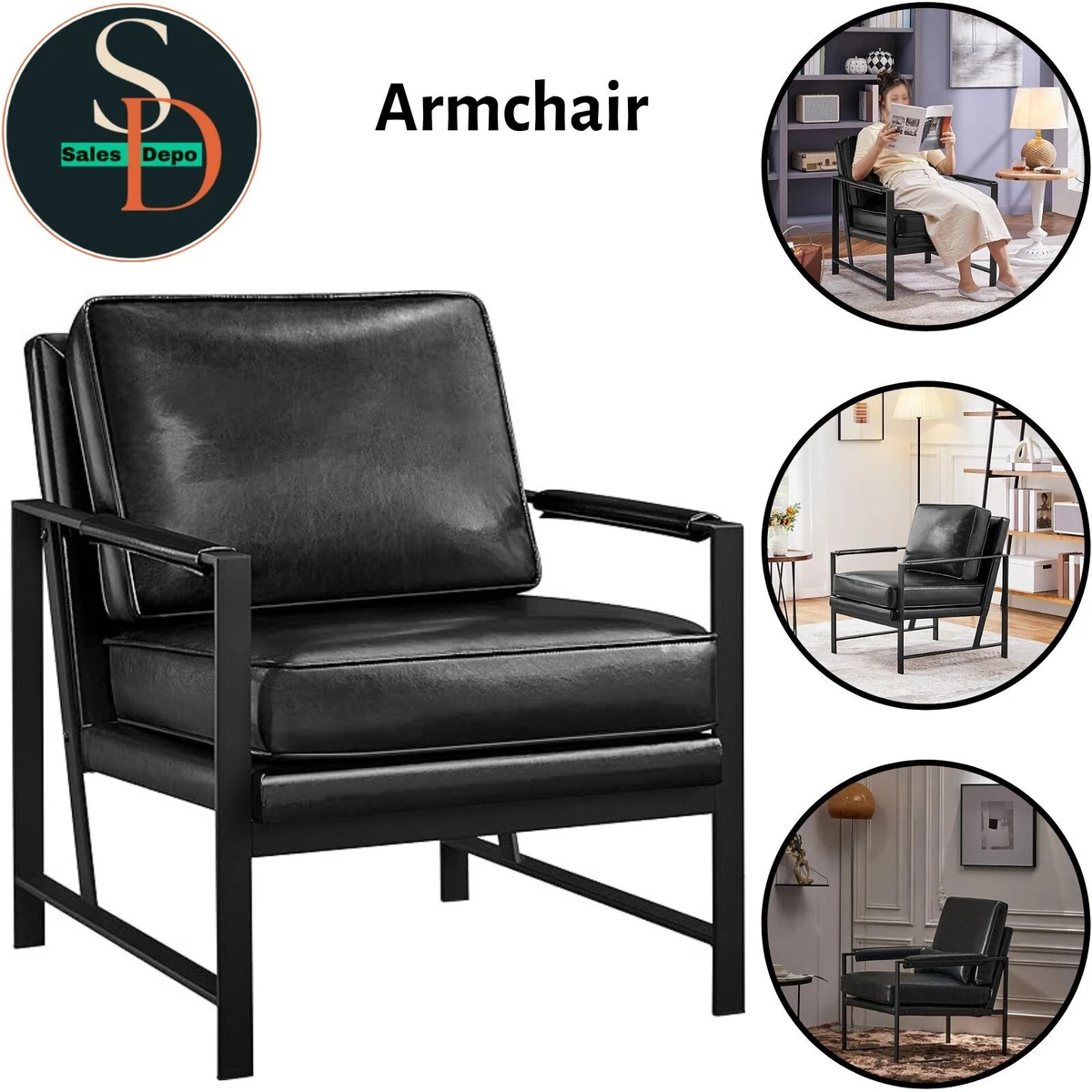 Faux Leather Tub Chair Modern Armchair with Soft Padded and Cushion Club Chairs