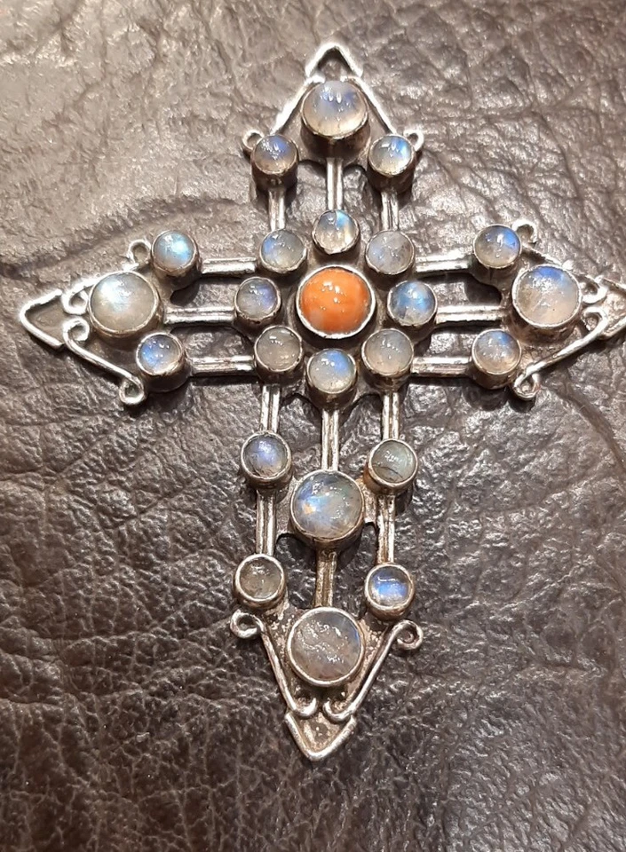 Antico-croce- Crocefisso- pettorale-argento Corallo E Pietra Di Luna - Immagine 4 di 4