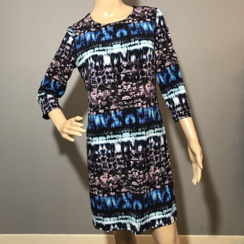 USA Allen Schwartz Dress Size L Blue Black Abstract Pattern Print Long Sleeve
