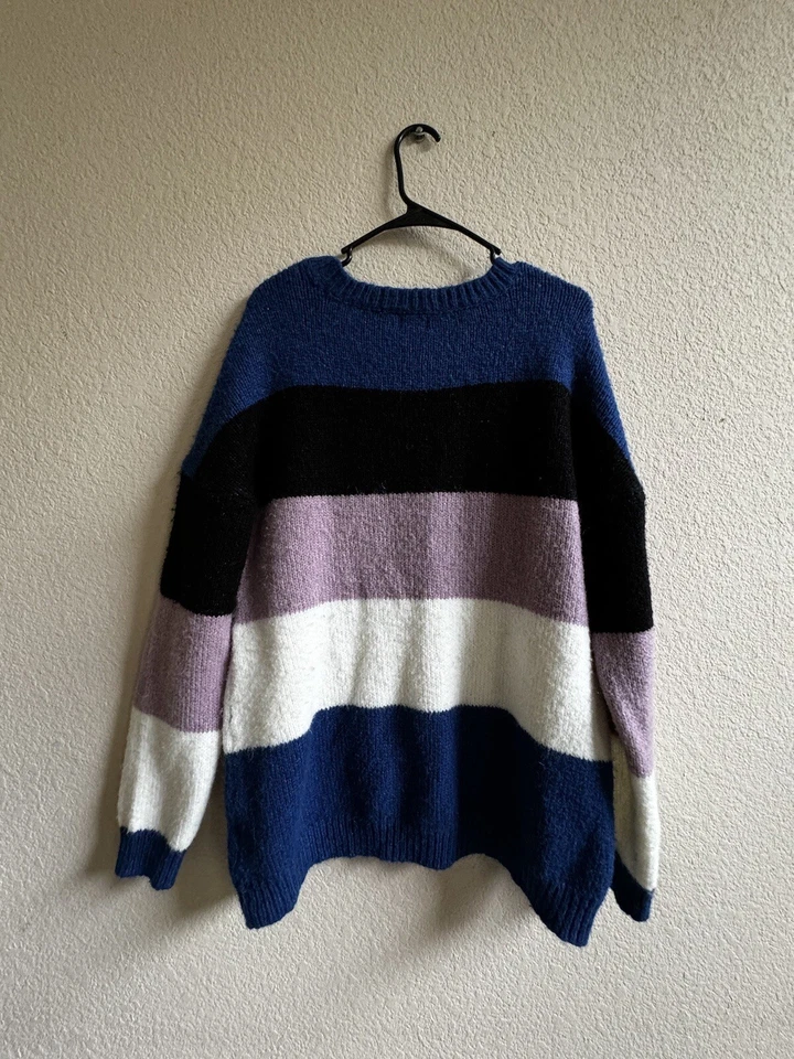 Volcom Sweater Women’s M/L Blue Black Knit Stripe Colorful Oversized Comfy - Image 2 of 4