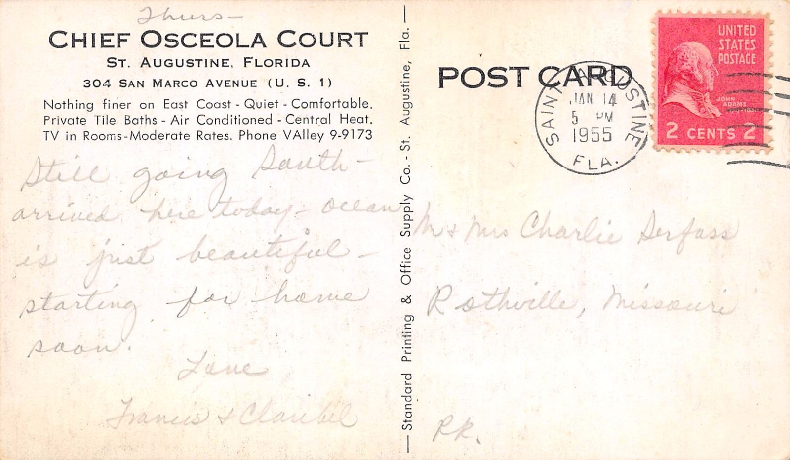 Florida FL St Augustine Chief Osceola Court Motel Hotel 1955 B & W RPPC