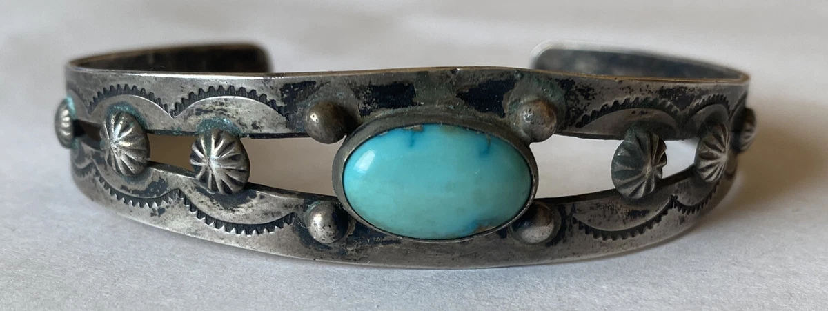 Vintage 1950 s Sterling Silver Turquoise Fred Harvey Style Cuff