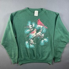 Vintage 90s Cotton Grove Green Crewneck Cardinal Bird Sweatshirt USA Made L