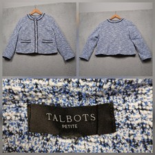 Talbots Petite Tweed Jacket Women Blue White Boucl Trim Detail