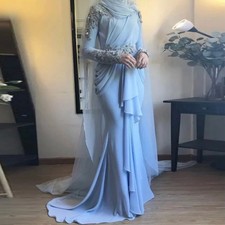 Kaftan Arabic Long Sleeves Formal Prom Dress Beaded Lace Chiffon Blue Muslim