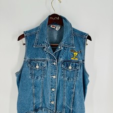 Vintage Looney Tunes Tweety Bird Graphic Button Front Denim Vest Blue Size XL