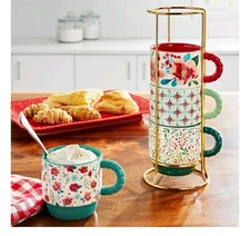 Pioneer Woman Merry Meadow 12.5oz Stoneware Stacking Mugs Rack 5 Piece set