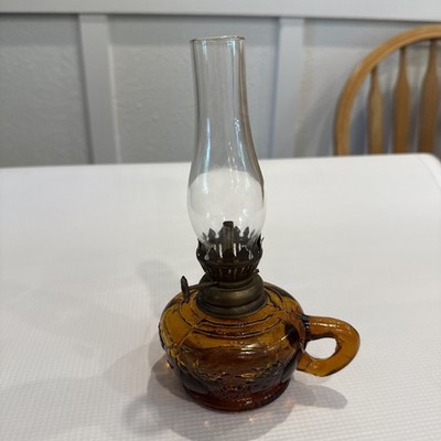 MINIATURE DECORATIVE AMBER GLASS FINGER OIL LAMP w/ fruit design - glass globe