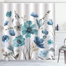 72x72 Inch Teal Blue Floral Shower Curtain Turquoise Watercolor Flower