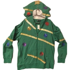 Mad Engine Christmas Tree Zipped Green Hoodie Ugly Sweater Sweatshirt XL NWT New