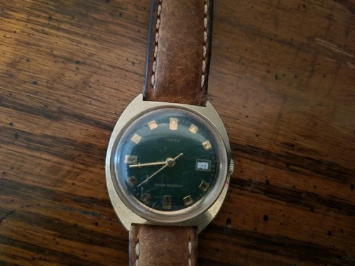 70s Timex Green-Date Dial Marlin Watch 34mm Manual Wind Works No Bracelet As Is