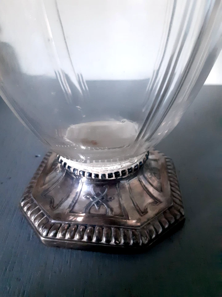 ANCIENNE AIGUIERE EN VERRE taillé MONTURE ETAIN ARGENT ? XIXème POINCONS - Photo 3/4