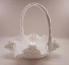 VINTAGE FENTON(?)  HOBNAIL WHITE MILK GLASS HANDLE BASKET SCALLOP EDGE 7"
