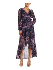 NIGHTWAY Womens Gown Full-Length Dress Navy Tie Long Sleeve Evening Hi-lo Hem 2