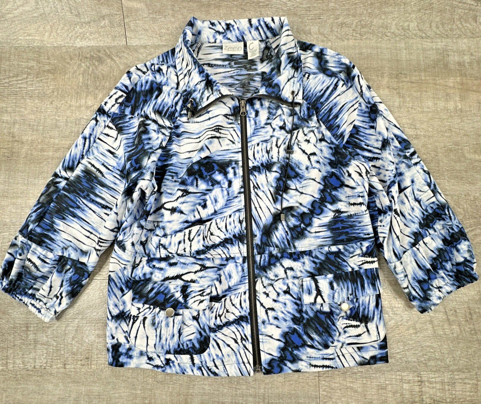 Chico's Zenergy Jacket Womens 1 M 8 Blue Abstract Full Zip Lightweight Mock Neck