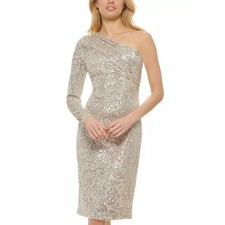 Vince Camuto Silver Cocktail Dress Sequin One Shoulder Long Sleeve Sheath Size 8