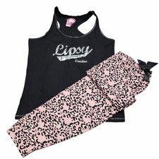 Lipsy London  Womens Pyjama Set UK 18/20 Black Pink Leopard Print New
