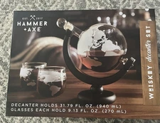 NEW Sealed Hammer + Axe Whiskey Decanter Set World Globe With Map Glasses Drink
