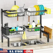 Adjustable Dish Drying Rack Over Sink Storage Organizer W/ Hooks & Accessories