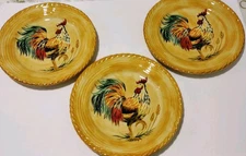 3 French Rooster by Tabletops Unlimited Dinner Plates 11" Hand Painted Plate