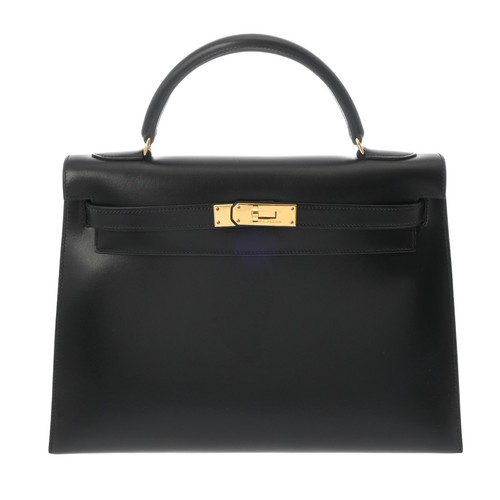 HERMES Kelly 32 Outside stitching 2WAY Box scarf black Women Handbag