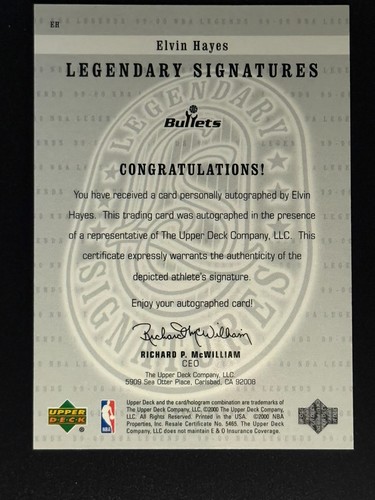 2000 Upper Deck Legendary Signatures Auto Elvin Hayes Washington Bullets - Picture 2 of 2