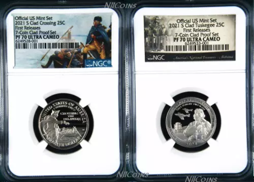 2-coin PF70 Set 2021 S NGC Tuskegee Airmen + Washington Crossing CLAD QUARTER