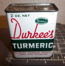 vintage Durkees TURMERIC 2 oz spice tin, great colors  graphics, Cleveland Ohio