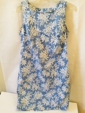 Vintage Cotton Sheath Dress Size 10 Blue Floral Knee Length Stretch Made in USA