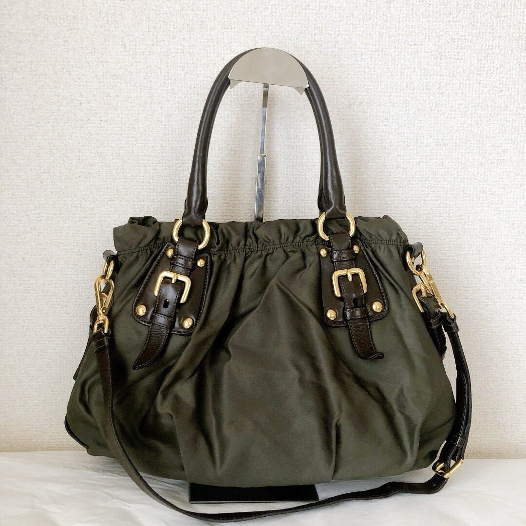 PRADA khaki olive Nylon and Leather 2 Way Shoulder Bag 58584