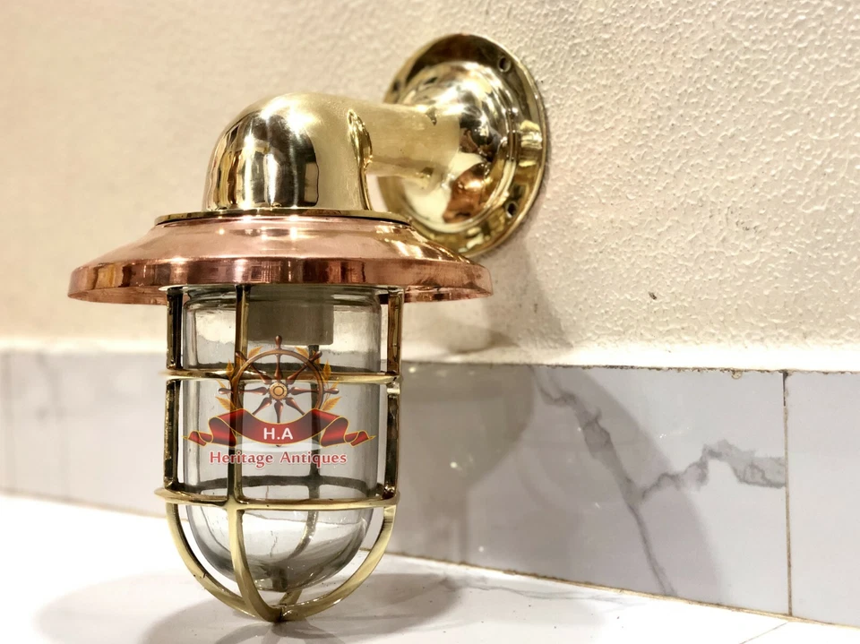 MARINE ARCHED BULKHEAD BRASS WALL SCONCE SHIP LIGHT WITH COPPER SHADE - Image 4 of 4