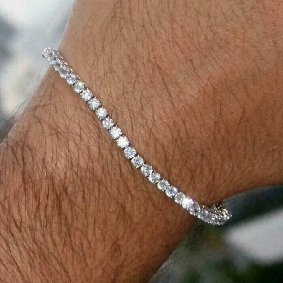 Brazalete de tenis para hombre de diamantes de corte redondo de 6,20 quilates enchapado en oro blanco de 14 quilates Foto 2 de 3