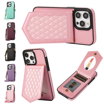 For iPhone 6/7/8/XS/11/12/13/14/15 Crossbody Wallet Mirror Kickstand Phone  Case