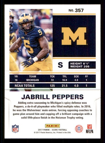 2017 Score #357 Jabrill Peppers RC - Picture 2 of 2