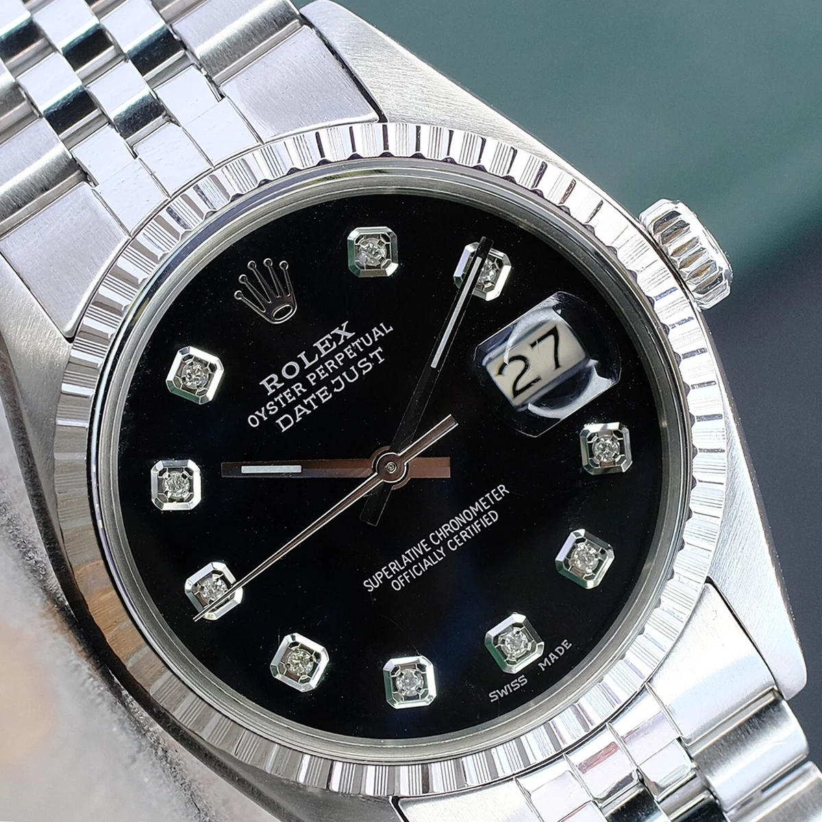 ROLEX DATEJUST 36MM STAINLESS STEEL BLACK DIAMOND DIAL MENS WATCH
