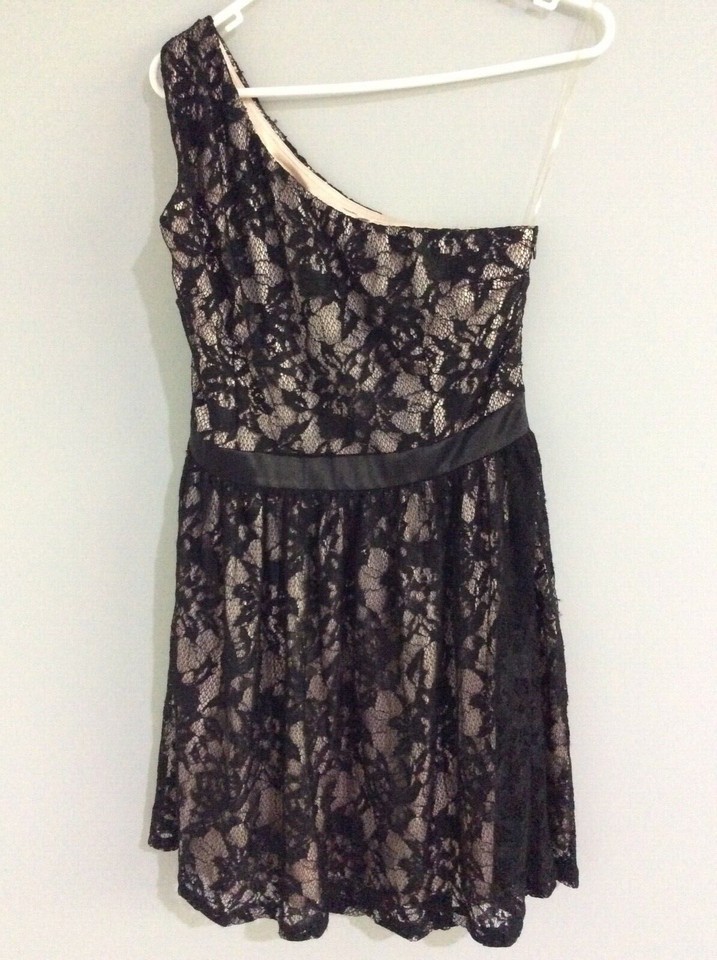 LOVE AFFAIR Black lace one shoulder fit and flare dress Sz 12 Women's