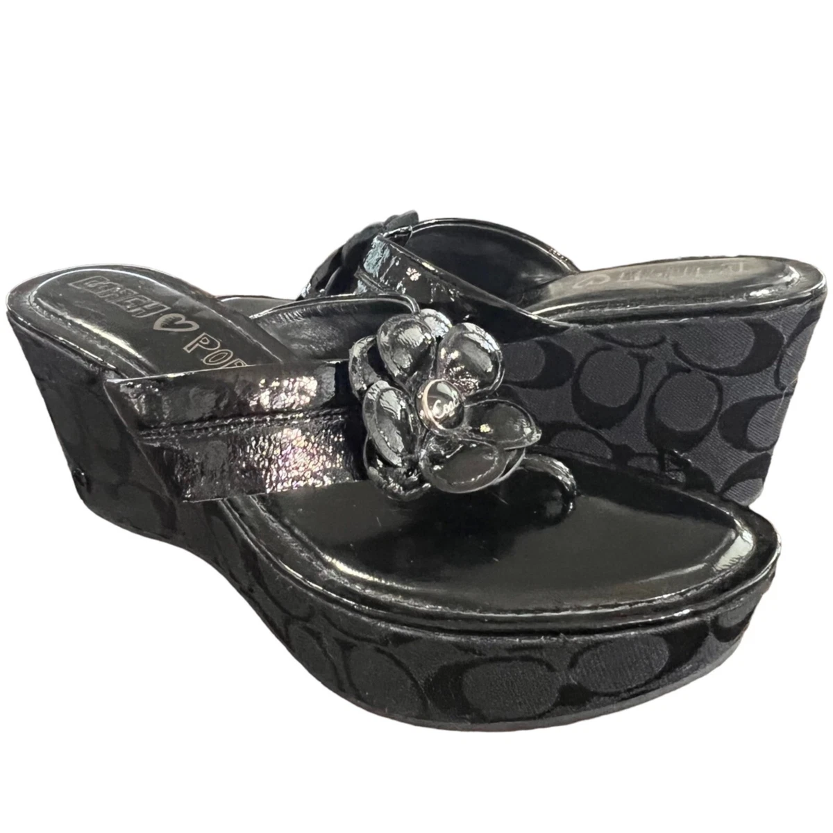 Coach Poppy Harley Wedge Sandal Flip Flops Flower 9.5 Black