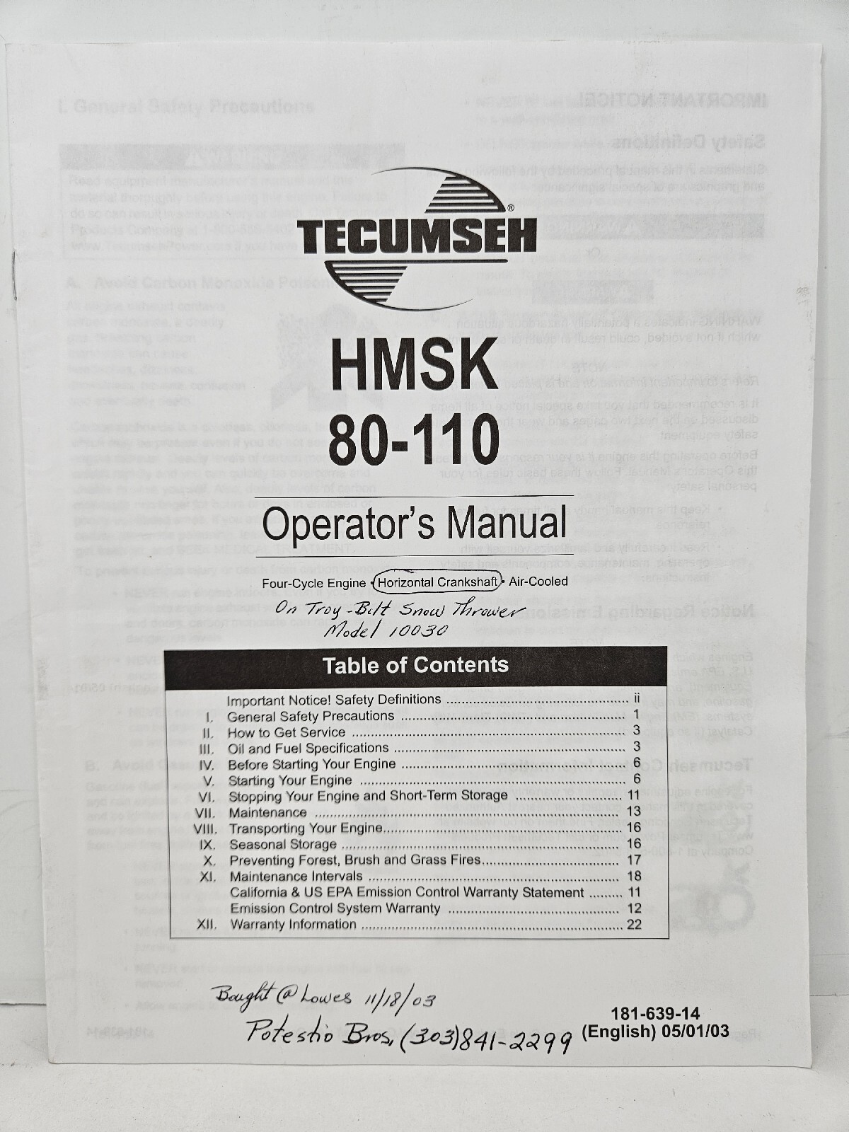 TECUMSEH HMSK 80110 ENGINE OPERATOR'S MANUAL PART 18163914 for sale