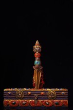 Bronze Mosaic Gem gZi Beads Turquoise Mahakala Buddha Head Vajra Phurpa Box