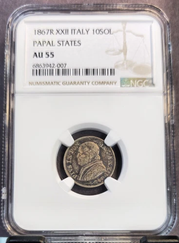 1867 ITALY SILVER 10 SOLDI PAPAL STATES NGC AU 55 GREAT LOOKING COIN