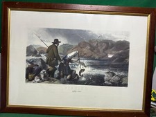 stampa antica Richard Ansdell Harrison Blair pesca arpione salmone sullo Spean