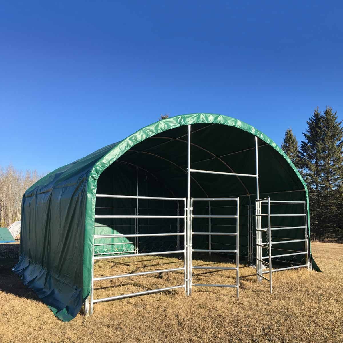 20x20 ft Barn Shelter, 12ft Dome Roof, 17 oz Tactical Green PVC Cover