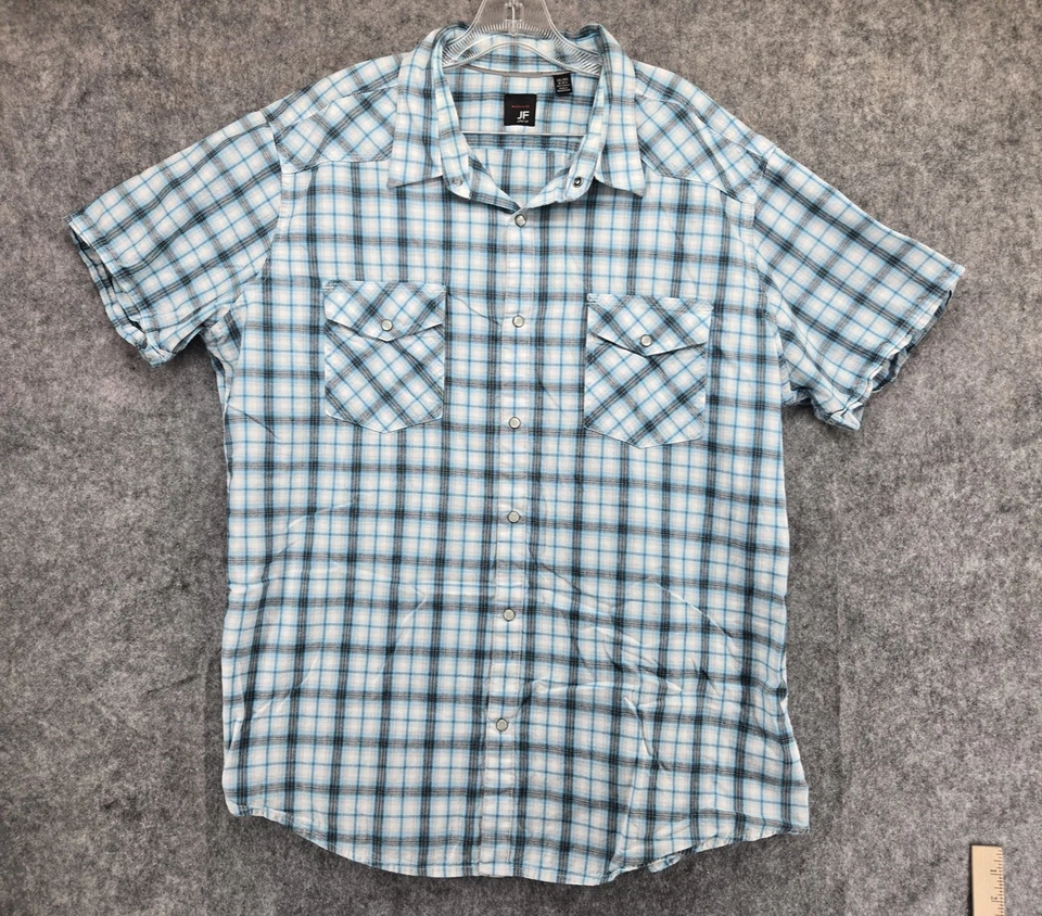Camisa JF J Ferrar Para Hombres 2XL Azul Blanco A Cuadros Manga Corta Ajuste Moderno Western Snap Foto 3 de 4