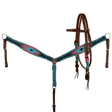 Showman Navy, Teal  Pink Corded Mohair Browband Headstall  Breast Collar Set